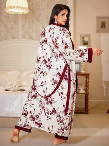 CottageSlumber Floral Print Ruffle Plus Size Robe, Camisole Top And Pants Pajama Set Holiday Season, Outfits  Cozy And Elegant Details, Fall Winter Clothes - Multicolor - View 3