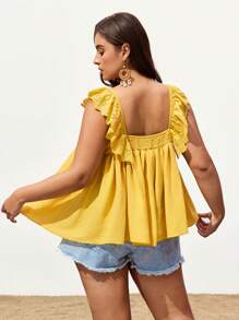 Maija Plus Size Women Patchwork Embroidery & Ruffle Hem Loose Cami Top Summer Women Vacation - Yellow - View 2