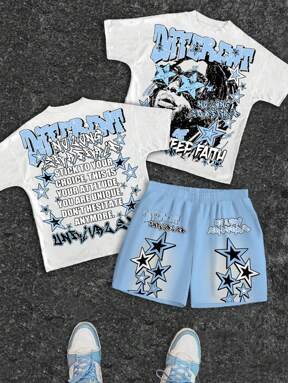 SHEIN 2pcs Tween Boy Casual Fashionable Cool Vintage Engraved Portrait, Star, Slogan Print Crew Neck Short Sleeve T-Shirt And Shorts Set, Summer