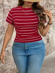 SHEIN LUNE Plus Size Colorblock Striped Round Neck Regular Shoulder Short Sleeve Casual T-Shirt, Summer,Business Casual Woman - Red - View 4
