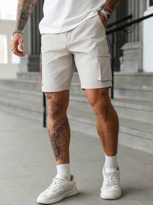 Manfinity Homme Men's Casual Pocket Solid Color Shorts, Fashionable For Summer - Apricot - View 2