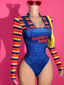 Slaydiva 2025新款夏季Y2K Cosplay休闲街头风彩虹条纹袖子二合一背带连体衣V领长袖Solstice Baby英文印花蓝色 - 彩色 - 查看 10