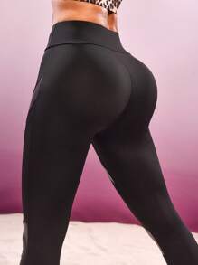 SHEIN Sports Women's Patchwork Mesh & Faux Leather Skinny Leggings - Black - View 3