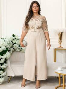 Ellevyn Curvy Plus Size Women's Romantic Elegant Daily Round Neck Short Sleeve Shiny Sequins Decoration Waist Wide Leg Apricot Jumpsuit,Wedding Guest Dress Women,Business Casual Woman,Birthday Outfits For Women,Country Concert Outfit,Festival Outfits For Women,Classy Outfits For Women,Jumpsuits For Woman Elegant,Romper,Jumpsuits For Woman,Bodysuits For Women,Summer Outfits For Women,Summer,Vacation Outfits Woman,Vacation,Women Summer Clothes,Going Out ,Plus Size Women Clothes,Clothes,Curve Plus