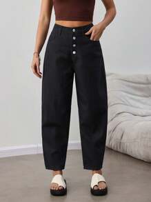 SHEIN Tall Women Loose Fit Tapered Leg Black Denim Jeans Baggy Jeans Tall Pants Women - Black - View 3