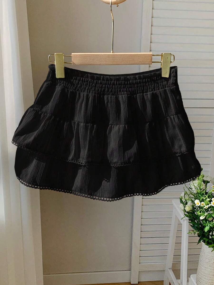 Comfortcana 常规款黑色编织拼布蕾丝休闲女裙 - 黑色 - 查看 1