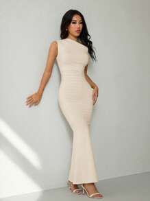 SHEIN PETITE Summer Clothing, Daily Date And Travel Outfits, Party Outfits, Elegant Women's Inner Outfits, Going Out Outfits, Sloping Shoulder Asymmetrical Extra-Long Fishtail Dress, Club Women Outfits, Date Outfits, Banquet Dresses Wedding - Apricot - View 5