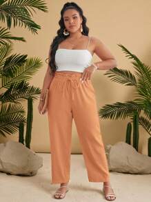 SHEIN VCAY Plus Size Summer Solid Color Textured Waist Tie Pants