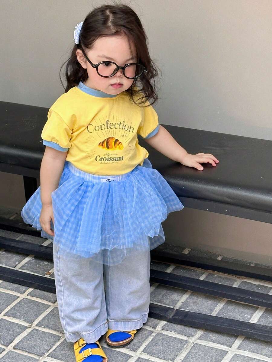 Dazy Kids قميص تي شيرت قصير الأكمام كاجوال بطبعة كرتونية ملونة للبنات، بطراز كوري، صيفي - أصفر - مشاهدة 1