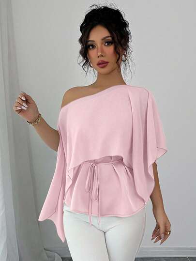 Elenzga 女式不对称披肩设计单肩收腰纹理面料纯色衬衫，春夏