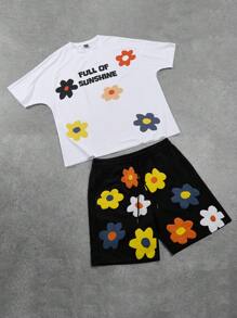 Manfinity Hypemode 2pcs/Set Men's Summer Streetwear,Loose Fit Floral T-Shirt & Drawstring Shorts,Black And White City Break Casual Outfits,Bright Cheerful Sports Style - Black and White - View 3