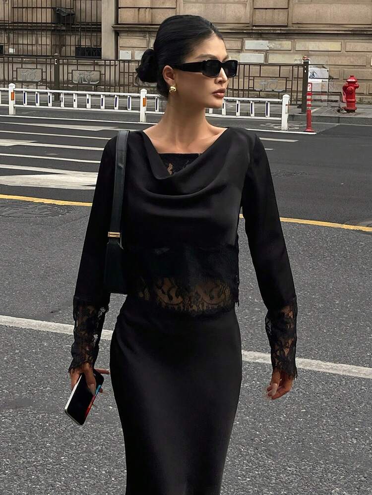 Women's Summer Lace Patchwork Draped Neck Top And Mermaid Hem Skirt 2 Pieces Set