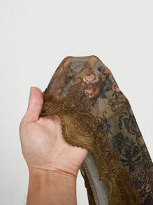 ROMWE Áo ba lỗ in họa tiết Paisley viền ren xếp nếp phong cách Hippie cổ điển dành cho nữ, dài, có viền không đều - màu nâu - Xem 5