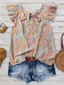 Linhara 女士加大码系带露背衬衫，荷叶边袖子和蝴蝶结，休闲装 - 彩色 - 查看 2