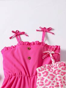 Sparklyn 3pcs/Pack Young Girl Spaghetti Strap Bow Frill Trim Romper, Waist Cinched Summer Jumpsuit Summer Sets For Girls - Multicolor - View 6