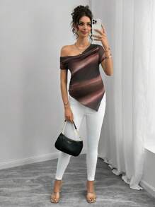 Momance Mesh Gradient Print Casual Asymmetrical Shoulder Maternity T-Shirt - Brown - View 6