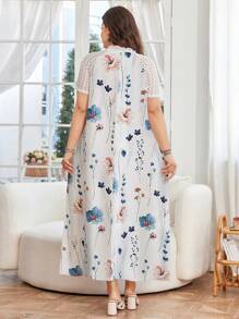 Lacomfia Plus Size Floral Print Lace Patchwork V-Neck Short Sleeve Dress - Multicolor - View 2