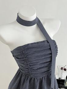 Elamini Lace Hem Crop Top With Plaid Strap Details