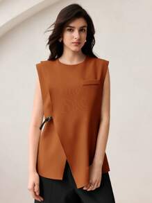 BizChic Camisa de mujer 2025 Verano Nuevo Cuello Redondo Marrón Mangas Cortas Bajo Asimétrico Decorado con Botones y Cinturilla, Vestimenta Casual de Oficina Elegante para Vacaciones de Playa, Boda, Festival de Música, Brunch, Aeropuerto, Estilo Vintage 90s Escandinavo Americana