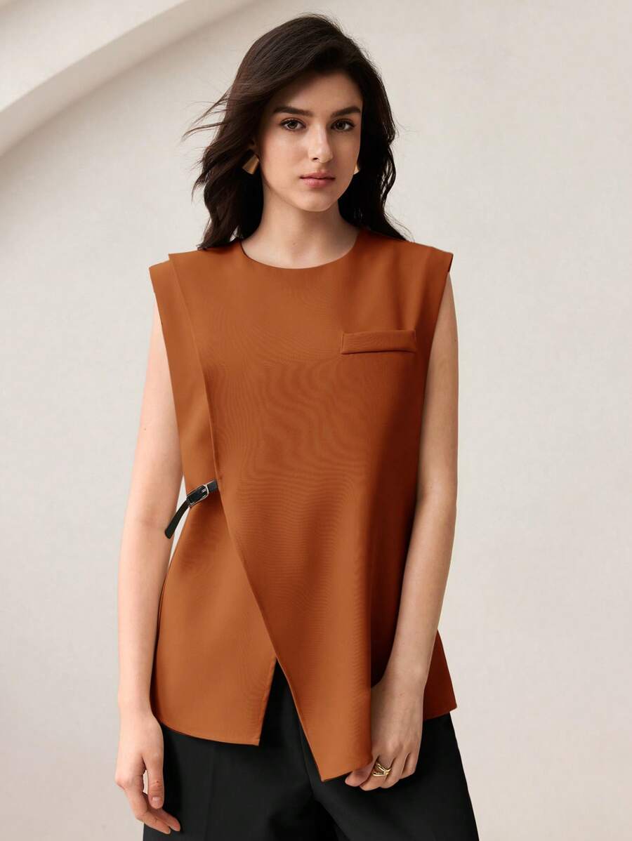 BizChic Camisa de mujer 2025 Verano Nuevo Cuello Redondo Marrón Mangas Cortas Bajo Asimétrico Decorado con Botones y Cinturilla, Vestimenta Casual de Oficina Elegante para Vacaciones de Playa, Boda, Festival de Música, Brunch, Aeropuerto, Estilo Vintage 90s Escandinavo Americana