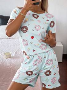 2 件套青少年女孩冰淇淋印花紧身圆领短袖衬衫和短裤睡衣套装，夏季