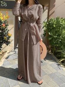 DAZY Elegant Asymmetric Blouse Top & Wide Leg Pants 2 Pieces Set For Women Fall/Winter Lounge Sets For Women - Rust Brown - View 2