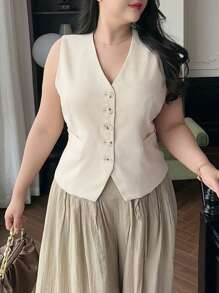 Dazy Plus Solid Color V-Neck Sleeveless Fitted Cropped Vest Jacket - Apricot - View 4