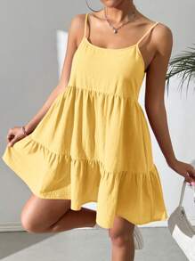 SHEIN EZwear 女式夏季梭织露背吊带裙 - 黃色 - 查看 6