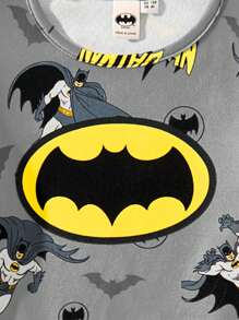 BATMAN X SHEIN 85th 小男孩卡通全印花弹力针织圆领舒适家居睡衣套装