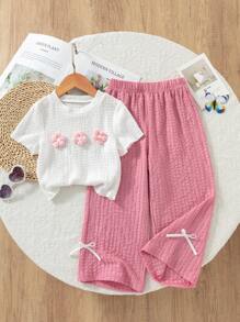 Set de 2 piezas para niñas (tamaño pequeño) que incluye una camiseta texturizada con decoración floral 3D y pantalones casuales largos, adecuado para estar en casa y salidas casuales