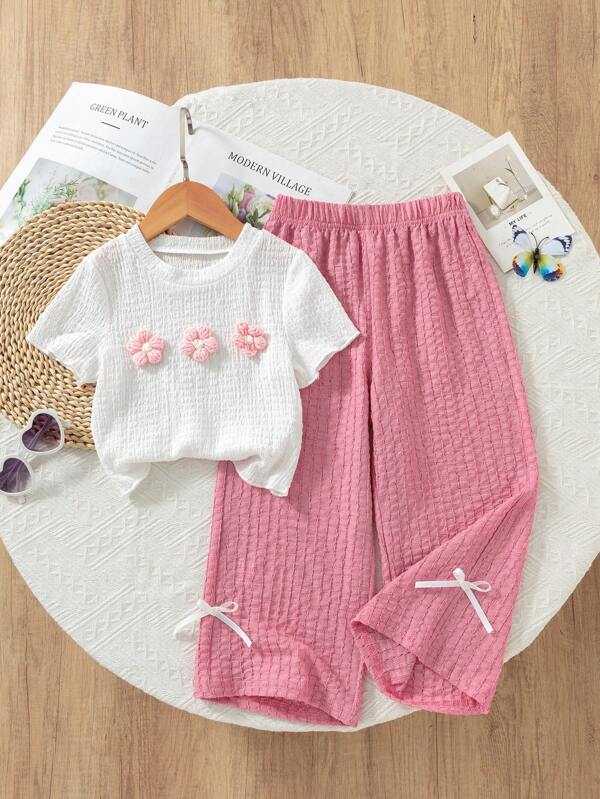 Set de 2 piezas para niñas (tamaño pequeño) que incluye una camiseta texturizada con decoración floral 3D y pantalones casuales largos, adecuado para estar en casa y salidas casuales