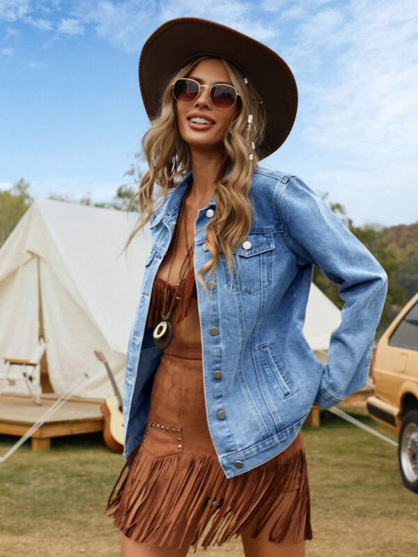 Breezaya Damen Mode Lässig Einreihige Langarm Denim Jacke