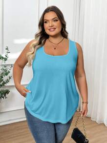 SHEIN CURVE+ Plus Size Sleeveless Casual Solid Color Blue Tank Top For Summer/Country/Beach Vacation - Blue - View 7