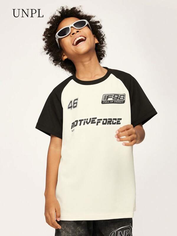 Tween Boy Street Style Letter Graphic Raglan Sleeve Color Block Short Sleeve T-Shirt