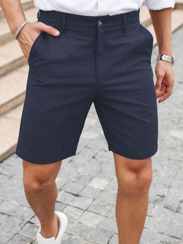 Manfinity Homme Pantaloni scurți slim fit pentru bărbați, culoare solidă, cu buzunar, casual, de vară