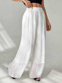 SHEIN PETITE Women's Casual White Wide Leg Long Pants - High Waist Flowy Design In Textured Woven Fabric For Everyday Comfort. - White - View 3