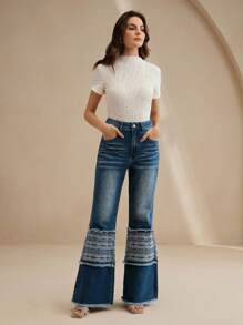 Anewsta Damen modische glockenförmige Schlaghose aus bedrucktem Denim - Blau - Übersicht 6