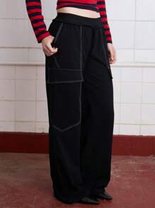 COUREZ Low Rise Cargo Joggers With Contrast Stitching /Y2K Summer Bottoms Cotton Vintage - Black - View 4