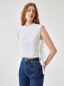 女式波西米亚度假镂空蕾丝无袖立领系带侧边宽松衬衫，夏季 - 白色 - 查看 4