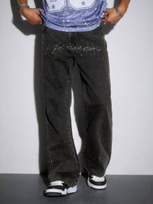 ROMWE MEN Street Life Men's Rhinestone Embellished Casual Loose Pockets Denim Jeans - Blue - View 1