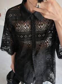 FRIFUL Blusa suelta con hombros caídos y encaje transparente de verano para mujer - Negro - Ver 4