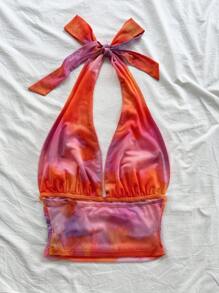 Soleia 女士度假针织网眼复古豹纹露背 V 领系带蝴蝶结褶皱网眼浪漫背心，适合约会、情人节、性感、派对、海滩巡游、复活节、狂欢节、下午茶 - 亮橙色 - 查看 2