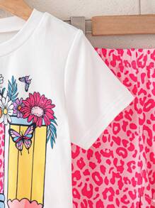 SHEIN Girls Kids Summer New Pencil Print Simple Round Neck Short Sleeve T-Shirt + Cute Flared Pants Casual Sports Suit, Back To School Versatile Outfit - Multicolor - View 6