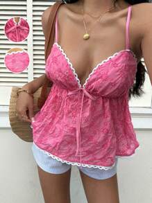 SHEIN EZwear Ladies' Holiday Casual Rose Red Hollow Embroidery Camisole Top - Hot Pink - View 6