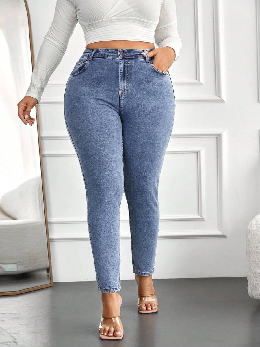 RueChic 97% Cotton Plus High Waist Skinny Jeans - Baby Blue - View 1