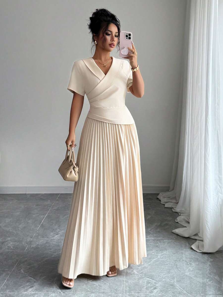 Elenzga V 领褶饰腰部 A 字型优雅浪漫女士连衣裙，短袖