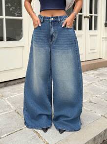 Muchica 女式休闲蝴蝶结洗口袋宽松牛仔裤 - 藍色 - 查看 5