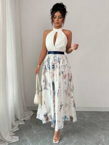 Elenzga 无袖露背镂空腰褶 A 字型数码印花女士优雅浪漫连衣裙