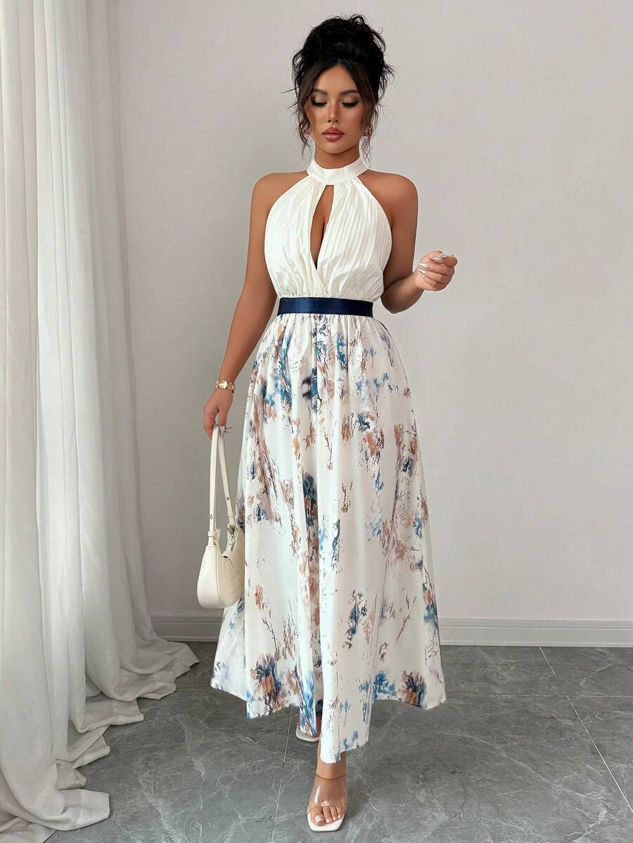 Elenzga 无袖露背镂空腰褶 A 字型数码印花女士优雅浪漫连衣裙