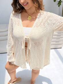 SHEIN EZwear 大码女式两件套休闲家居风格系带提花上衣和裤子 - 白色 - 查看 5